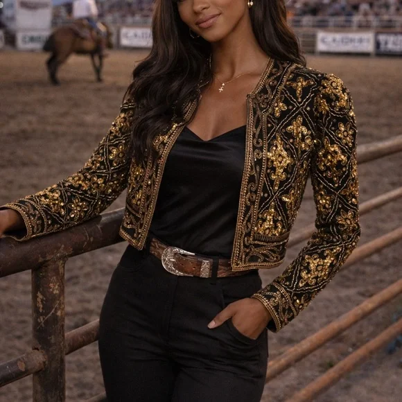 Scala Black and Gold Embellished Cropped Blazer - Picture 2 of 4